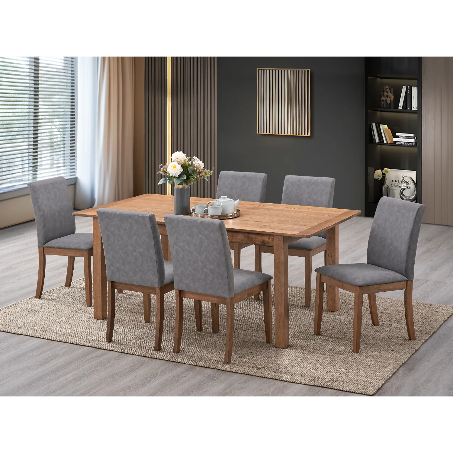 Juego de comedor gris 6 puestos con sillas tapizadas y mesa de madera en sala moderna